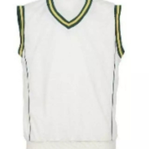 Classic White V-Neck Sweater Vest with Green & Yellow Trim
